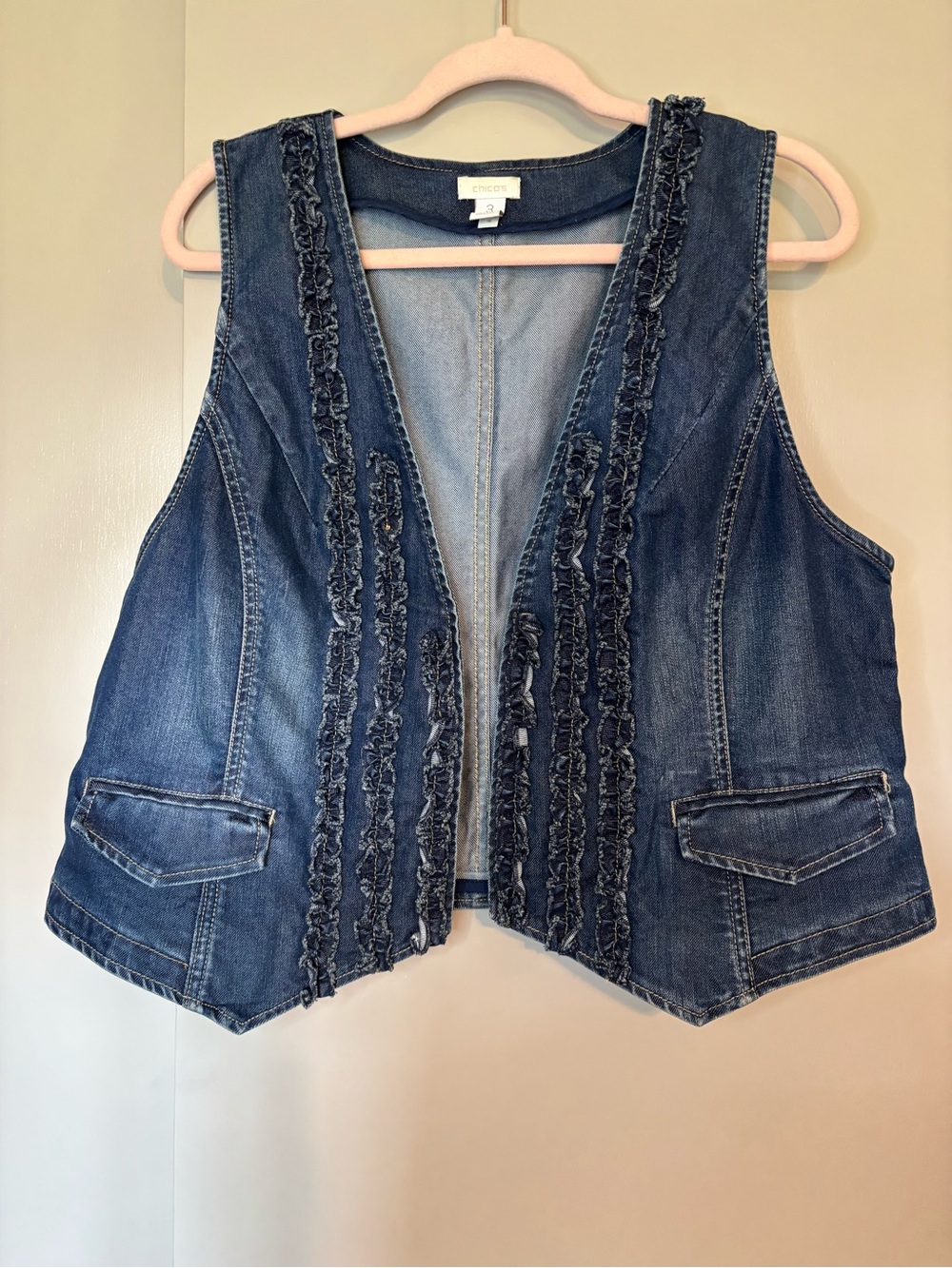 Chico's Dark Blue Denim Ruffle-Trim Vest size 3
